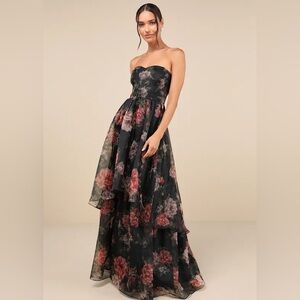 NWT Black Floral Organza Strapless Elegant Gown wedding guest gala Maxi Dress